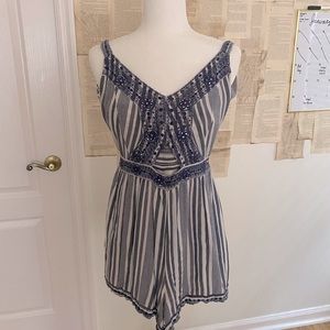 American Eagle Blue and White Keyhole Romper